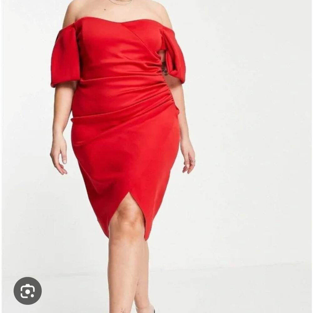 Asos Curve Red Wrap Dress Womens Plus Size 20 Off Shoulder Bardot Formal